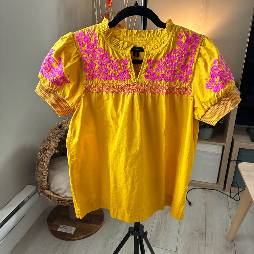 J. Crew Vibrant Yellow Top with Pink Embroidery